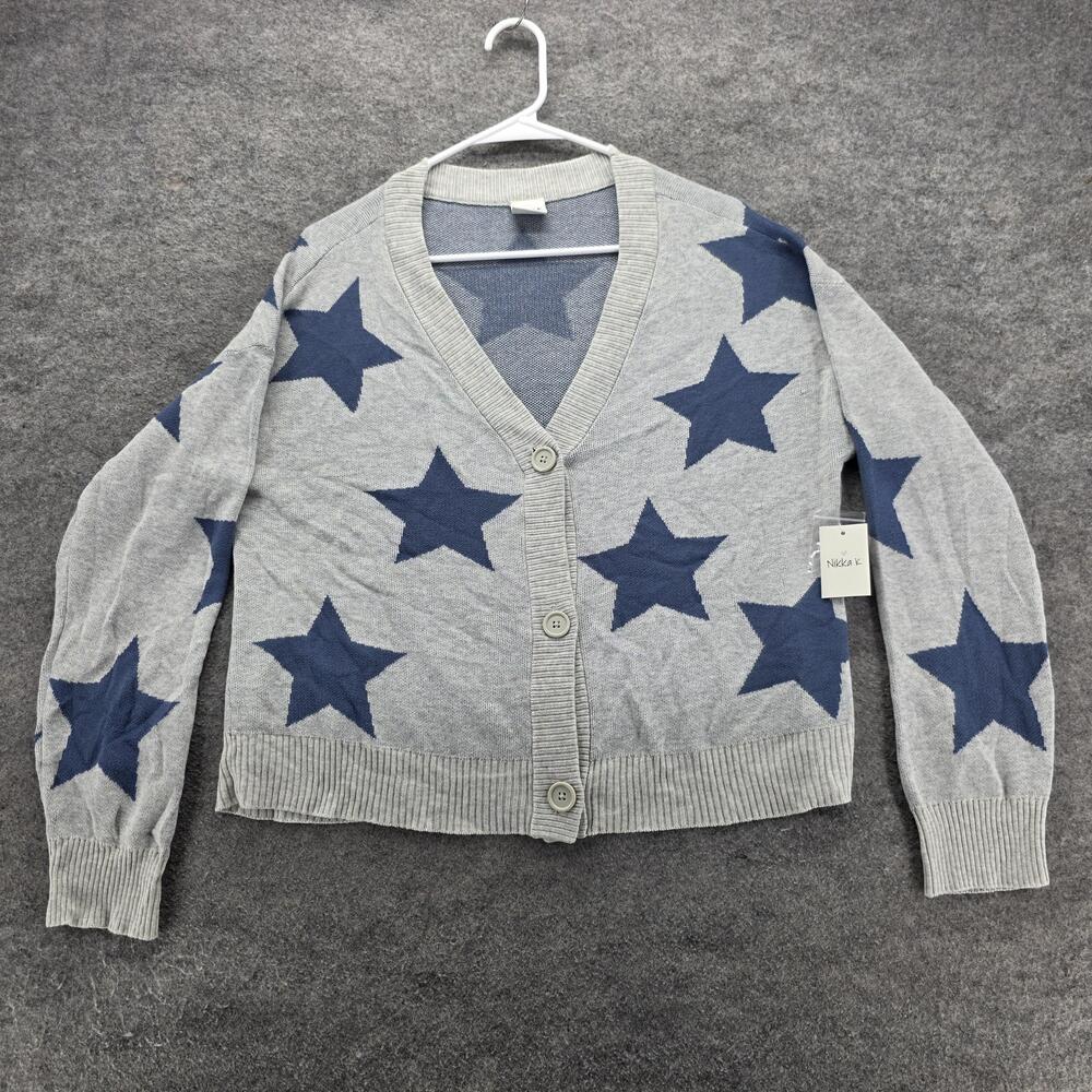 Nikka K Cardigan Sweater Womens Large Gray Blue Star Print Button Front JSW6026
